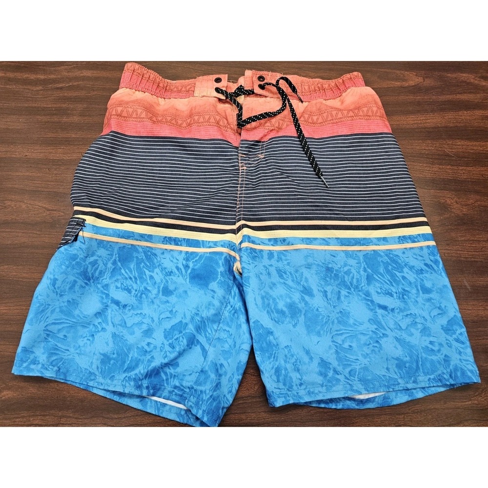 True Craft Mens Swim Trunks XL Blue Coral Stripe Board Shorts Meshed Lined Beach